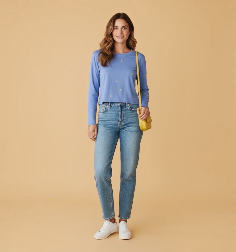 Chaser NWT Heart Print Long Sleeve Tee Light Blue Yellow Women’s Small